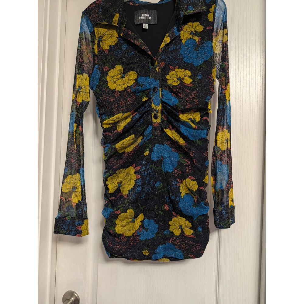Urban Outfitters Glitter Mesh Ruched Floral Mini Dress Blue Yellow Large - Picture 3 of 6